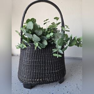Vintage Black Woven Basket W Greenery. Guc. Super Cute Shape!